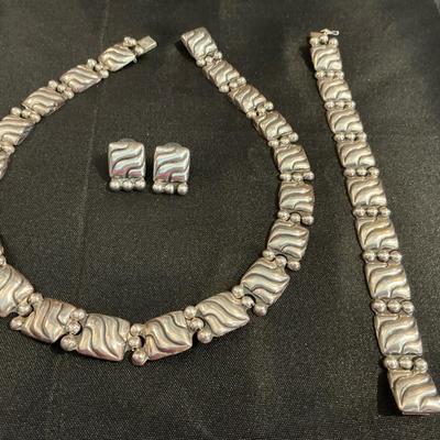 Sterling Silver Necklace, Bracelet And Earring Mexico Designer 