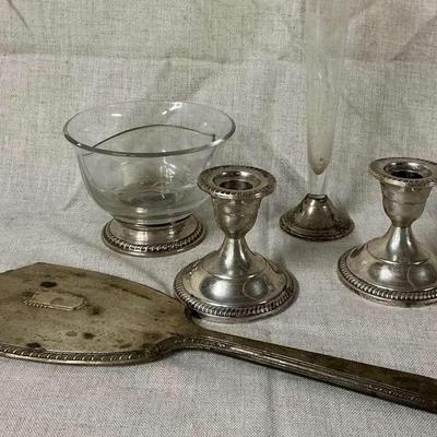 Weighted Sterling Silver Candlesticks, Vase, Bowl, Hand Mirror