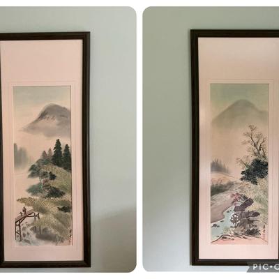 Framed Asian Fabric Art Set of 2