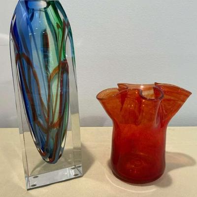 Signed Artglass Vase And Orange Ruffled Blown Glass Vase 