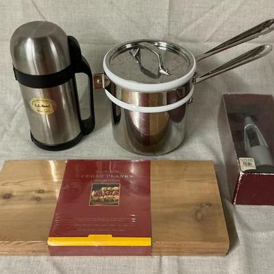 All-Clad 2qt Double Boiler, LL Bean Thermos, Williams Sonoma Corkscrew & Cedar Planks