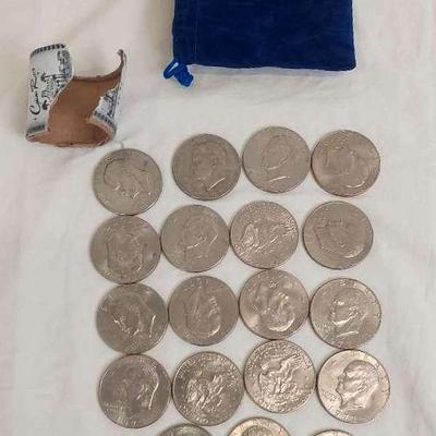 1977 "Ike" One Dollar Coins - 19 Coins with Velvet Pouch and Las Vegas Casino Rolls Wrapper