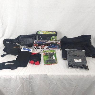 Cycling Gear. Cycling Shorts One New, Bike Pump, Water Bottle Holder,  Fanny Pack, and More 