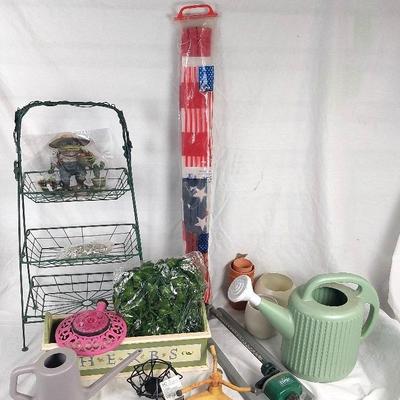 Lawn, Garden & Outdoor Decor. Pots, Sprinklers, Plastic Froggy, Fairy Lights, 3 Tier Basket