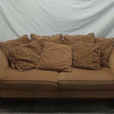 Sofa 8ft with Walnut Accents. 20" Seat 28" Deep 32" Back