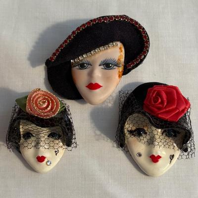 Three Porcelain Womens Head Brooches