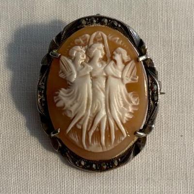Antique Silver Carved Shell Cameo Brooch