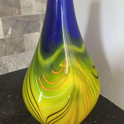 Murano Style Cobalt, Green And Orange Bottle Vase 
