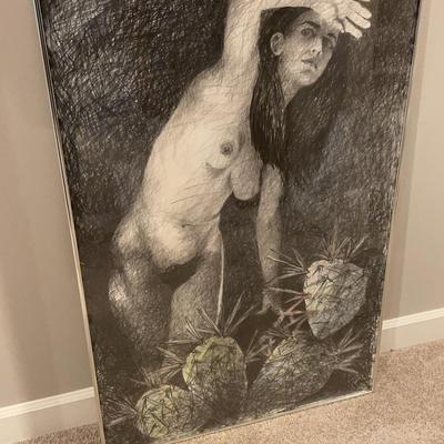 Framed Pencil Art Of Nude Woman In Cactus Patch