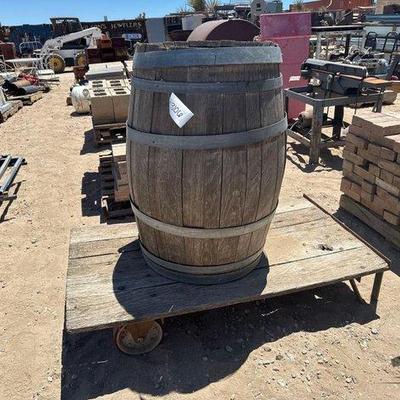 Sale Photo Thumbnail #439: #3106 • Wooden Barrel and Wooden Stand with Wheels
