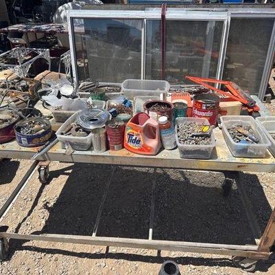 Sale Photo Thumbnail #84: #1078 • Rolling Metal Work Bench, Fan, Bolts, Highway Warning Triangles, and More
