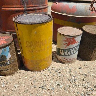 Sale Photo Thumbnail #151: #1644 • 3 Gas Cans, Mobilfluid ATF Tin, Shell Tin, and 2 Cardboard Oil Cans
