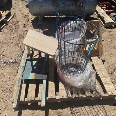 Sale Photo Thumbnail #462: #3152 • (2) Wire Ball Bins, Stool, Ladder and Wall Decor
