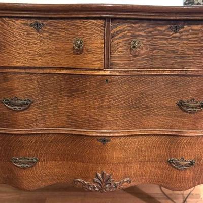 Lot 159:  Beautiful Tiger Oak Four Drawer Dresser With Mirror