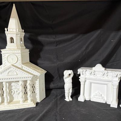 Lot 422: Dept 56 Winter Silhouette Lot – Cathedral Facade & Fireplace Scene – White Porcelain, Read 