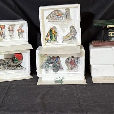 Lot 418: Dept 56 Heritage Village Collection – Huge Lot of 40+ Figures, Sleighs, Market Stalls & Tre