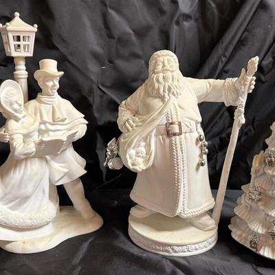 Lot 408: Department 56 White Christmas Porcelain Figurines – Santa, Carolers Lamp Post, Charm Tree (