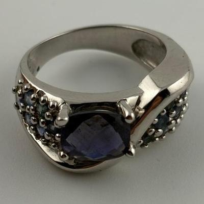 14k White Gold 1.5 Carat Lolite & Blue Topaz Modernist Ring