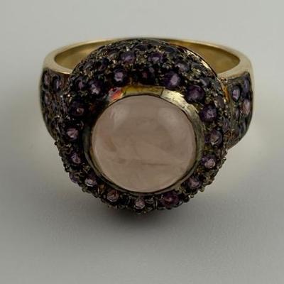 14k Yellow Gold Rose Quartz & Antheyst Cabochon Cluster Ring