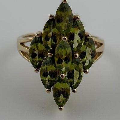 10k Yellow Gold 4.5 TCW Marquis Peridot Cluster Ring