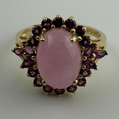 14k Yellow Gold Pink Jadeite Cabochon & Rhodolite Garnet Ring