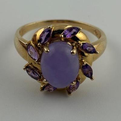 14k Yellow Gold Purple Jadeite & Amethyst Ring