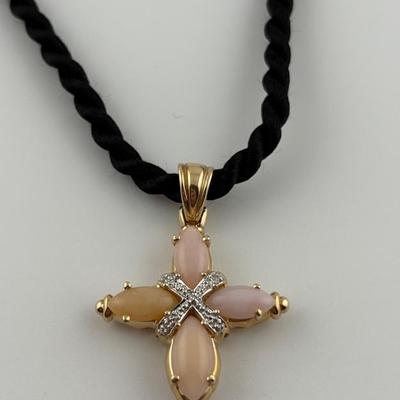 14k Yellow Gold Coral & Natural Diamond Cross Pendant on Rope Necklace