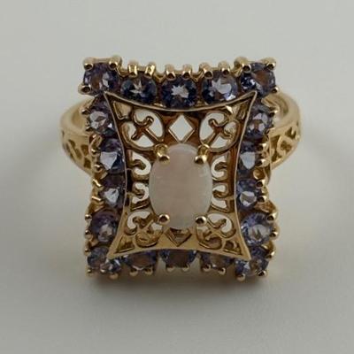 14k Yellow Gold Opal & Tanzanite Filigree Ring