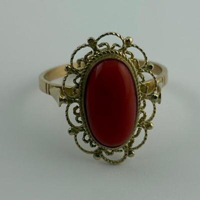 14k Yellow Gold Coral Filigree Ring