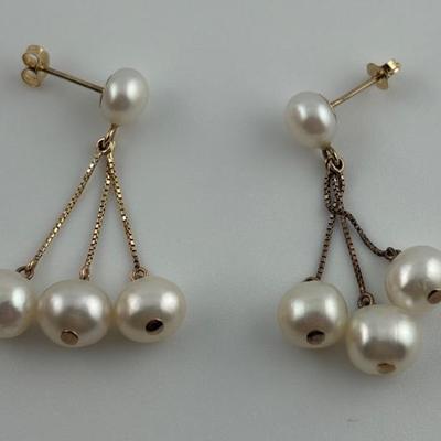 Pair of 14k Yellow Gold Pearl Dangle Earrings