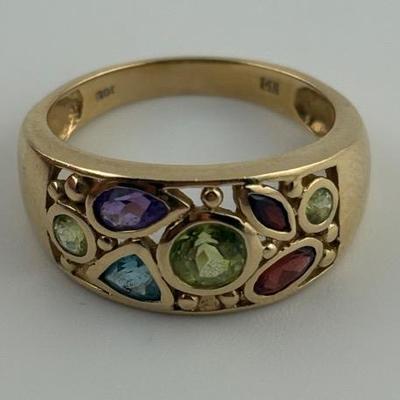 14k Yellow Gold Peridot, Blue Topaz, Amethyst & Garnet Ring