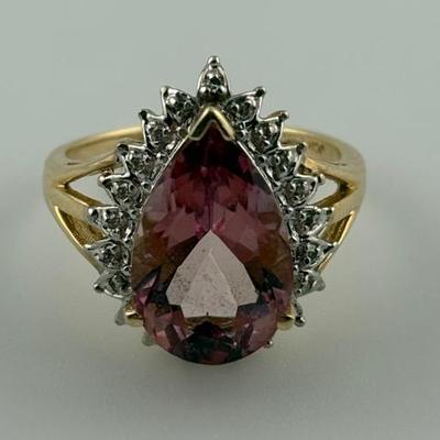 14k Yellow Gold 5 Carat Pear Pink Topaz Ring