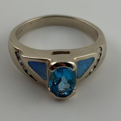 14k White Gold 1 Ct Oval Blue Topaz & Opal Ring