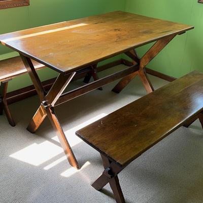 Vintage Wooden Table + 2 Benches