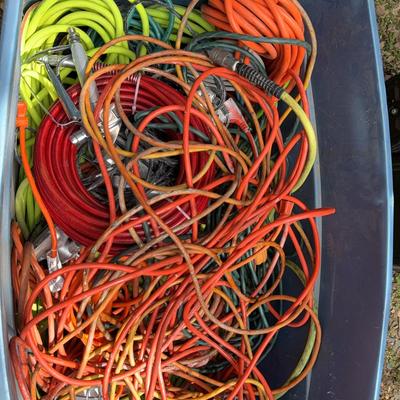 Mystery Bin Full of Extension Cords, Compressor Hose, & Contractor Lighting 