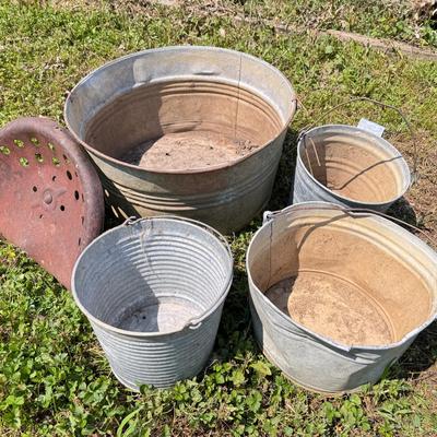 Galvanized Steel Planters And Antique Tractor Seat