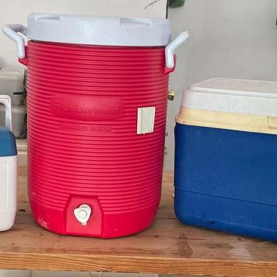 3 Coolers Of Various Sized, One For Beverages W/ Dispenser 