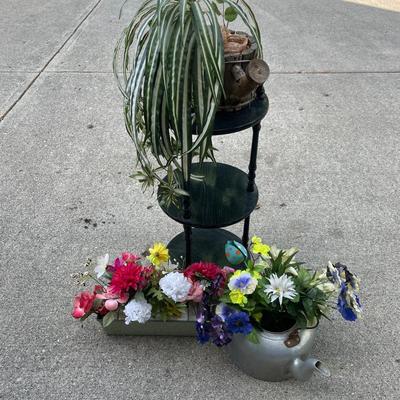 Plant Stand With Three Faux Flower Planters (two Teapot Themed)