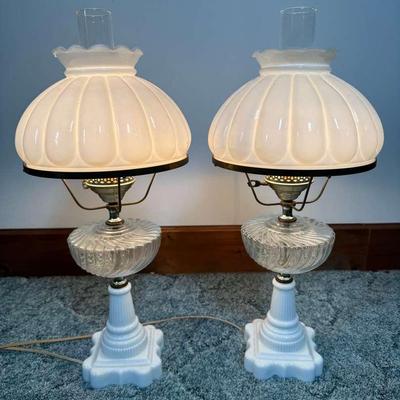 Vintage Milk Glass Electrified Oil Lamp Set