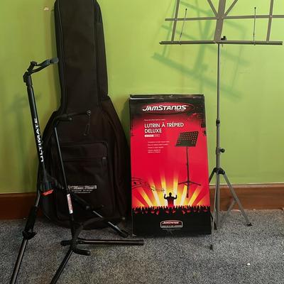 Two Guitar Stands, Two Sheet Music Stands, & A Soft Shell Guitar Case