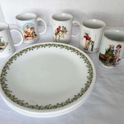 Corelle Spring Blossom 10” Dinner Plates (6) & Norman Rockwell Mugs 