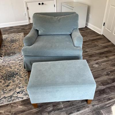 Custom Upholstered Oversized Swivel Chair and Ottoman in Light Blue Gray
41” W x 36” D x 32” H
30”W x  18” D x 16” H

