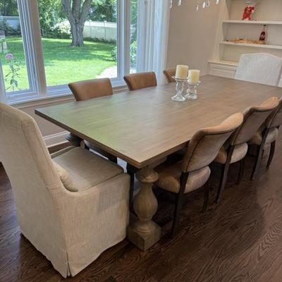 Restoration Hardware St James Dining Table in Antiqued Grey Oak with 8 Dining Chairs