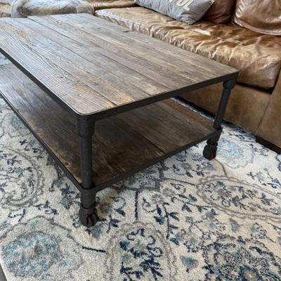 Restoration Hardware Parisian Industrial Coffee Table (48” W x 28” D x 18” H) and Madison Collection Cream Light Grey Rug 9’x12’
