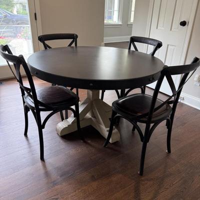 Restoration Hardware English 48" Trestle Table with Zinc Top  with Four (4) Madeleine Leather DIning Chairs