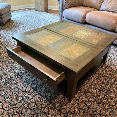 Contemporary Mission Style Coffee Table w/inlaid stone tile, storage drawers and  Lift-top Cocktail Table 38x38x18