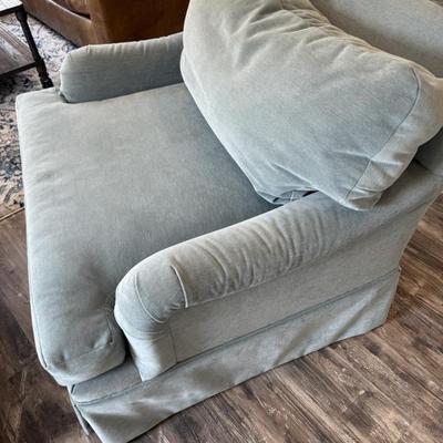 Custom Upholstered Oversized Swivel Chair and Ottoman in Light Blue Gray
41” W x 36” D x 32” H
30”W x  18” D x 16” H
