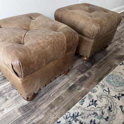 Pottery Barn Martin Tufted Leather Square Footstool Storage Ottmans (2)