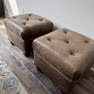 Pottery Barn Martin Tufted Leather Square Footstool Storage Ottmans (2)