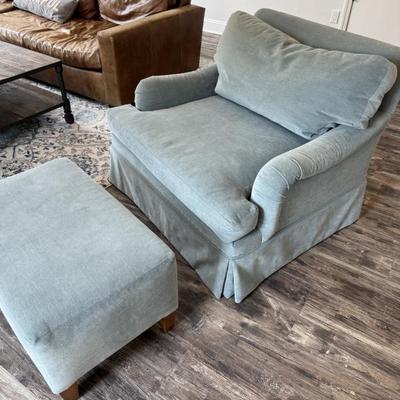 Custom Upholstered Oversized Swivel Chair and Ottoman in Light Blue Gray
41” W x 36” D x 32” H
30”W x  18” D x 16” H
